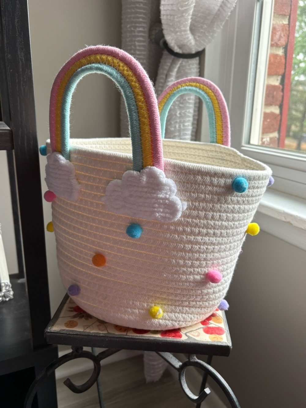 Kids Rainbow Pom-Pom Basket Tote - White - Picture 2 of 3